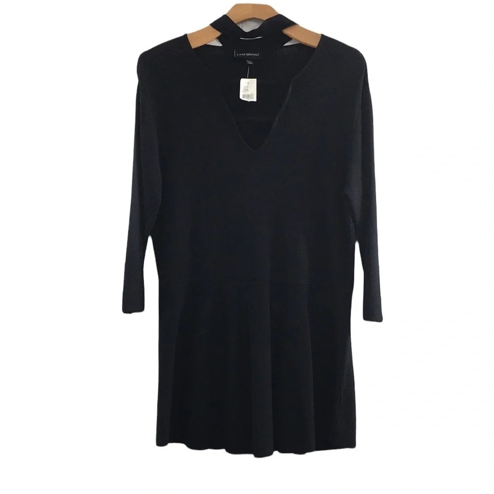 Lane Bryant Black Ribbed Knit Stretch Dress Womens 22 24‎ 3/4 Sleeve Choker